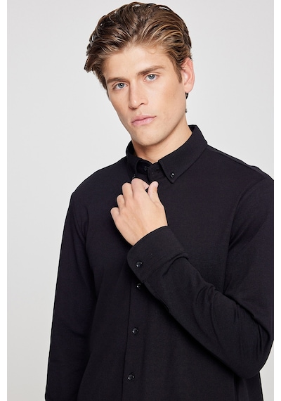 AC&Co / Altınyıldız Classics Erkek Sıyah Pamuklu Tailored Slim Fit Dar Kesim Düğmeli Yaka Örme Gömlek Siyah
