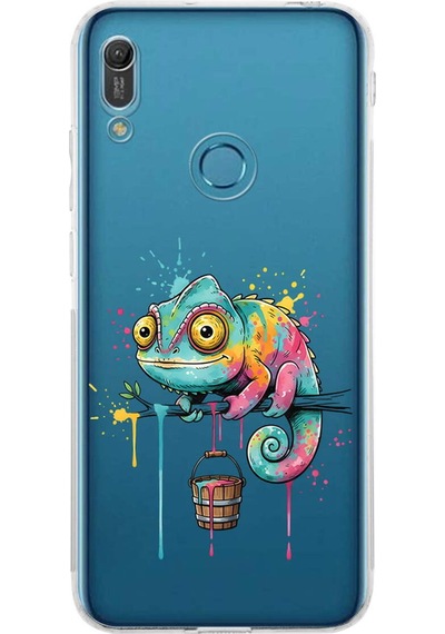 Huawei Y6 Pro 2019 İle Uyumlu Splash Bukalemun Tasarımlı Şeffaf Silikon Kılıf Şeffaf
