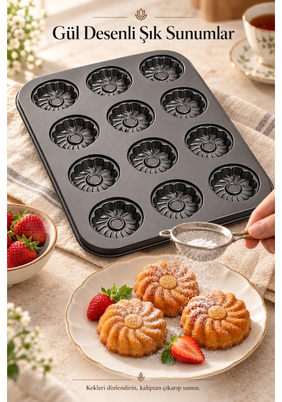 Tilbe Home 12'li Gül Kabartma Muffin Kalıbı Yapışmaz Cupcake Kek Kapsül Brownie Fırın Tepsisi Paslan Siyah