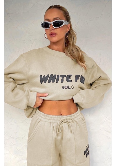 Madmext Bej Bisiklet Yaka Baskılı Sweatshirt Mg1904 Bej