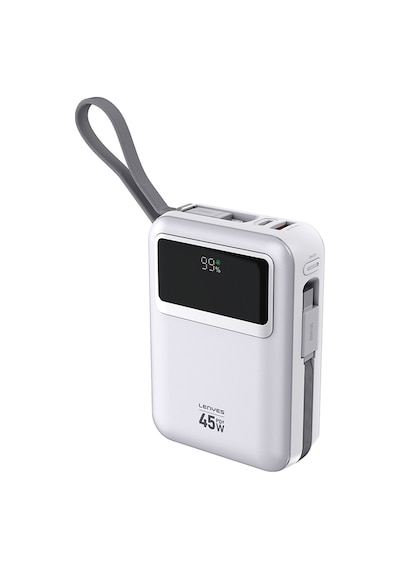Lenyes C03-a Dijital Led Göstergeli Type-c Ve Lightning Kablolu Powerbank 45w 10.000mah Gümüş Gümüş