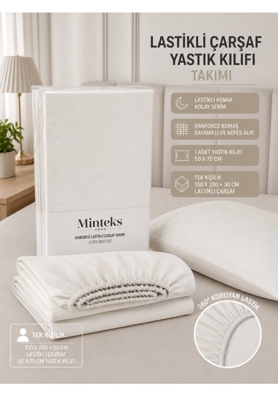 Minteks Ranforce Tek Kişilik Fitted Lastikli Çarşaf Seti Beyaz