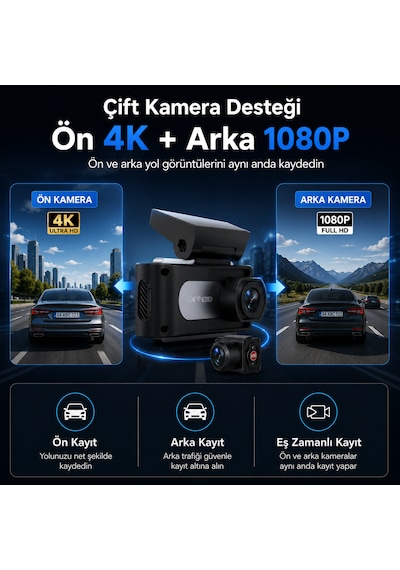 K12 Max 4k Araç Içi Kamera Ön 4k + Arka Hd Kayıt, Wifi Destekli, Gece Görüşlü, 24 Saat Park Modlu Gizli Araç Kamerası