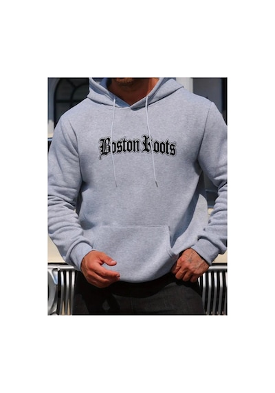 Medinenur Bost İn Boots Baskılı Kapüşonlu Cepli Sweatshirt Gri