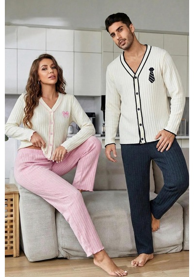 Bella Notte Erkek Düğmeli Uzun Kollu Nakışlı Çift Pijama Takımı Lacivert