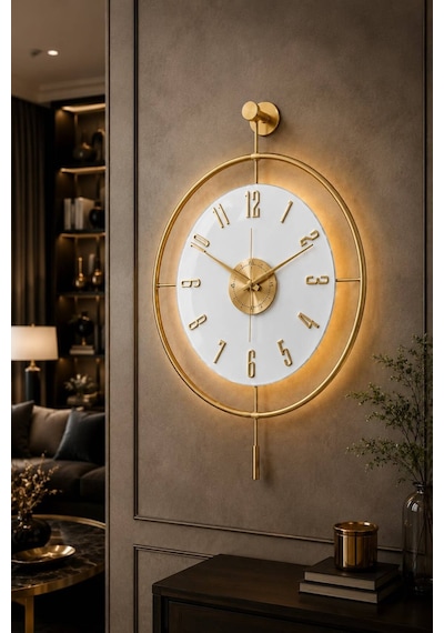 Pey Aksesuar Orjinal Metal-orjinal Cam-ışıklı Led - İskandinav Kadran Duvar Saati M60-golg-beyaz-gold