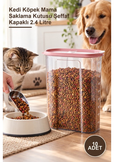 10 Adet Kedi Köpek Mama Saklama Kutusu Şeffaf Kapaklı 2.4 Litre