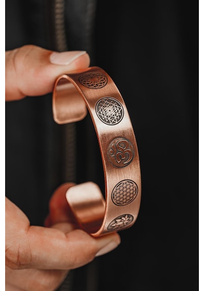 Erkek Bakır Bileklik - Yaşam Çiçeği - Lotus - Sri Yantra - Om Sembolü - Erkek Bakır Kelepçe Bileklik Rose Gold