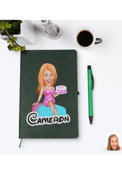 Kişiye Özel Kadın Doğum Günü Karikatürlü Yeşil Termo Deri Defter N11.2331