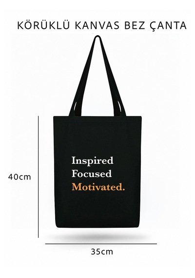 Lunora Collection Inspired Focused Motivated Baskılı Körüklü Kanvas Bez Çanta Siyah