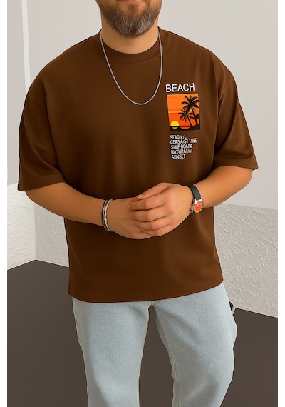 Beach Baskılı Oversize Unisex Tişört Kahve