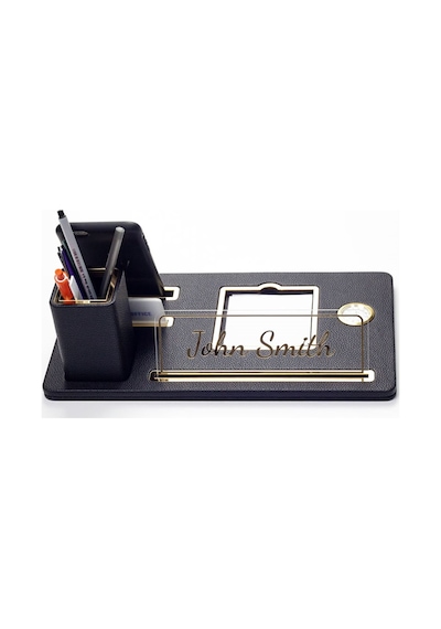 Turgut Office Masaüstü İsimliği Deri Organizer Siyah Gold Detaylı Saat ve Kalemlikli