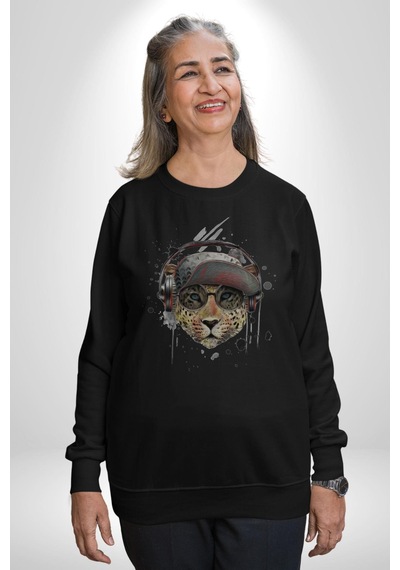 Pop Art Kaplan Müzik Kulaklık Güneş Gözlüğü Unisex Siyah Baskılı Sweatshirt Siyah