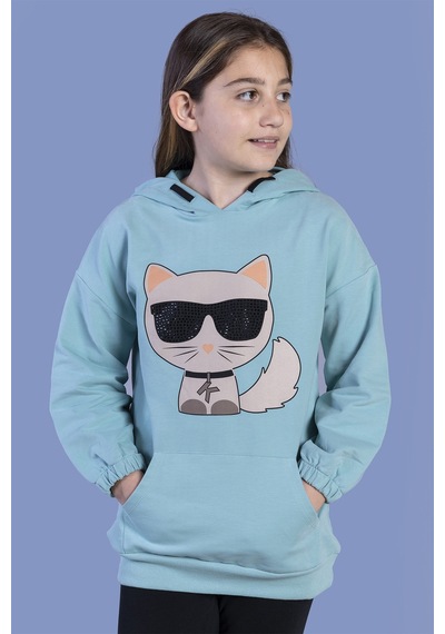 Toontoy Kız Çocuk Kedi Desenli Taş İşlemeli Kanguru Cepli Sweatshirt Yeşil
