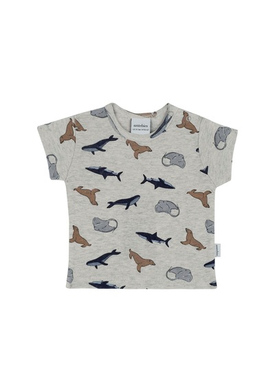 Antebies Organik Gri Melanj Denizde Yaşam Desenli Kısa Kollu Erkek Erkek Bebek Tshirt Mavi