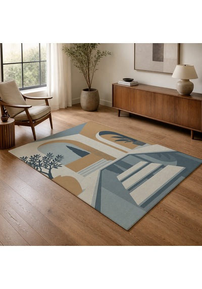 Kartela Halı Avlu Mimari Desenli Modern Halı Mavi Kaymaz Taban Makinede Yıkanabilir 100x150 Cm