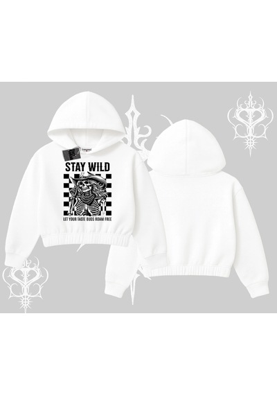 Startmore Kapşonlu Crop Sweatshirt Stay Wild Rock Spirit Urban Riot Beyaz