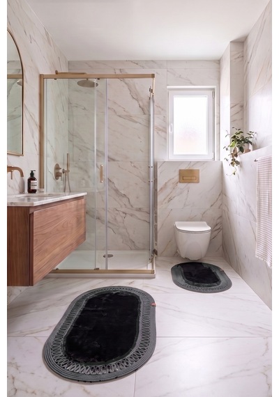 Banyo Paspası Takımı 60x100+40x60 Cm İç Trikot Siyah & Antrasit Gri