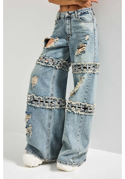 it's basic Kadın Kot Rengi Palazzo Fit Yırtık Detaylı Tasarım Denim Jean Mavi