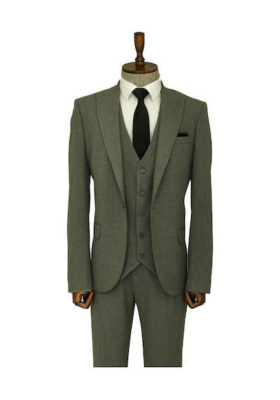 Wessi Tek Düğmeli Slim Fit Koyu Gri Yelekli Erkek Takım Elbise Koyu Gri