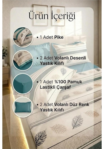 %100 Pamuk Pike Takımı 6 Parça Lastikli Çarşaflı Mor Desenli Çift Kişilik Turkuaz