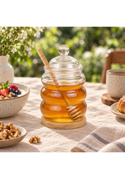Kaşıklı Cam Bal Kavanozu 480 Ml, Cam Kapaklı, Bambu Bal Kaşığı Ve Bambu Altlık Dahil, Şeffaf Kahvaltılık Ballık Çok Renkli