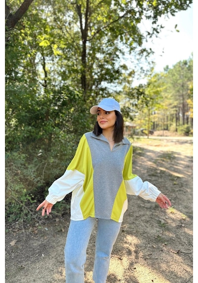 WeShaya Kadın Gri Polo Yaka, Uzun Yarasa Kol, Lastikli Manşet, Asimetrik Color Block, Salaş Sweatshirt Bluz Gri