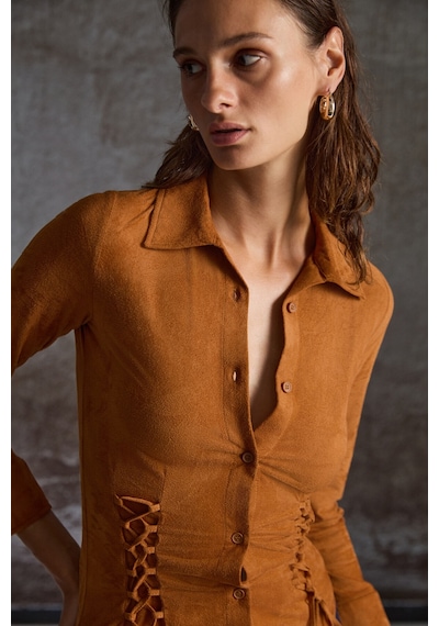 Grımelange Bogotan Kadın Slim Fit Vücudu Saran Süet Belden Bağlamalı Ipli Kahverengi Gömlek Kahverengi Grımelange Bogotan Kadın Slim Fit Vücudu Saran Süet Belden Bağlamalı Ipli Kahverengi Gömlek Kahverengi