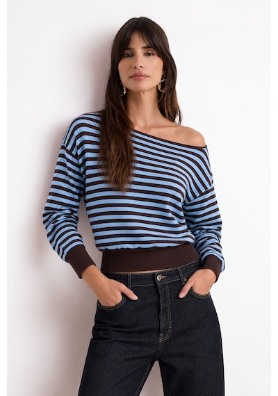 Madmext Mavi Çizigli Modern Kayık Yaka Triko Bluz Mg2804