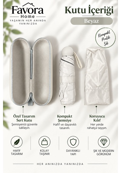 Favora Rainbox Kapsül Şemsiye - Kutulu Mini Katlanır Çanta Boy Şemsiye İnci Beyazı