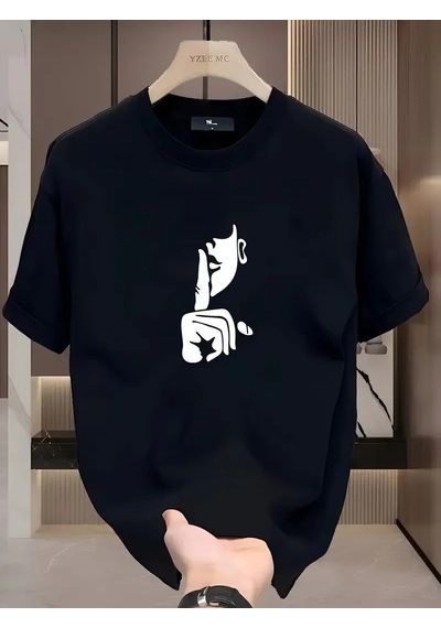 Kadın T-shirt Bisiklet Yaka Kısa Kol Baskılı Tişört - Siyah