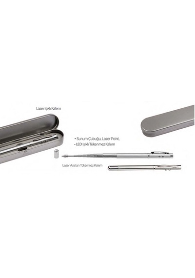 Metal Kutulu Kırmızı Lazerli, Led Işıklı Pointer Kalemi Rehber İşaretçi Uzayan Metal Tükenmez Kalem Gümüş