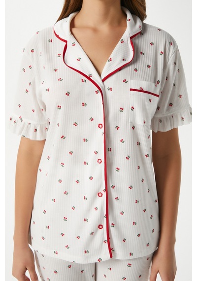 Ritnice Kadın Fırfırlı Kiraz Ön Düğmeli Kısa Kol Alt Üst Pijama Takımı Ekrukırmızı Çok Renkli