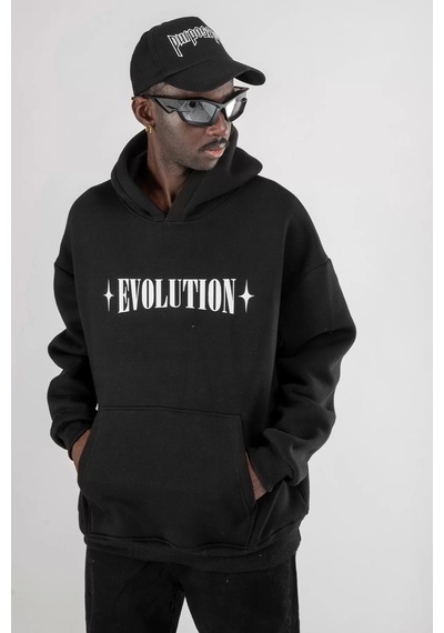 Startmore Evolution Baskılı Oversize Unisex Kapüşonlu Beyaz Siyah