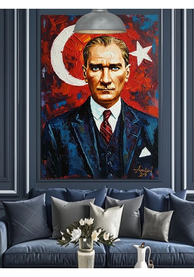 Türkiye Cumhuriyeti Bayrağı Önünde Atatürk Portresi Dekoratif Kanvas - Mdf Ahşap Tablo