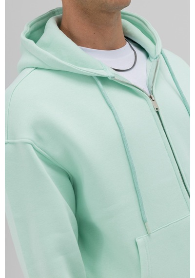 Vamos Basic Fermuarlı Oversize Kapüşonlu Sweatshirt Mint