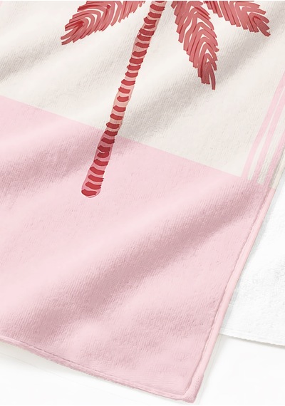 Palmiye Tropikal Çizgili Plaj Havlusu - Modern Bohem Pembe Beyaz Hızlı Kuruyan Mikrofiber Havlu Ayaz Tozu