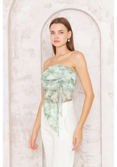 Darlin Moda Kadın Yeşil Desenli Astarlı Tül Straplez Bluz Dm7006 Yeşil
