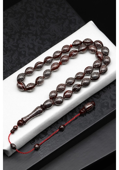 925 Ayar Gümüş İşlemeli Kuka Ağacı Tesbih 9 X 13 Mm Arpa Kesim - T-1875