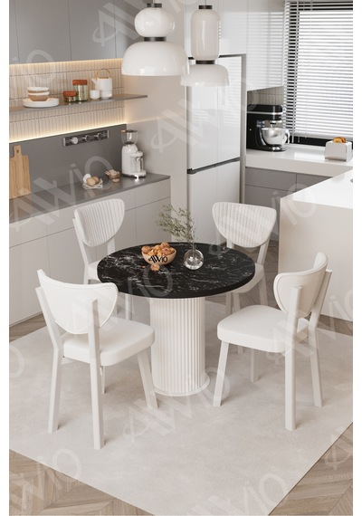 Avvio Elma Yuvarlak Siyah Mermer Mutfak Masa 4 Adet Sandalyeli Takım 90x90 Cm Krem