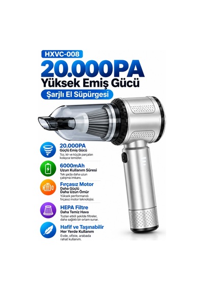 Harvox Hxvc-008 20.000 Pa Güçlü Kablosuz Şarjlı Araç Ev El Süpürgesi