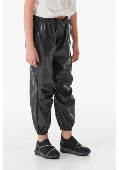 Fullamoda Suni Deri Beli Lastikli Jogger Kız Çocuk Pantolon- Siyah 24MCCK7336204244-Siyah