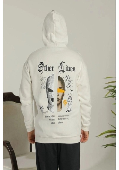 Valensdesign Oversize Üç İplik Şardonlu Kapüşonlu Sweatshirt Beyaz Other Lives Ön Ve Arka Baskılı, Kanguru Ce