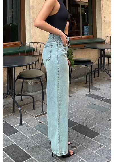 Kene Jeans Kadın Tintli Çift Düğme Yıkamalı Bol Paça Kot Pantolon Yeşil