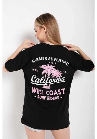 Startmore Kadın Beyaz Oversize California Baskılı T-shirt Siyah
