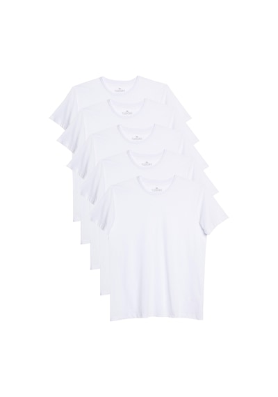 Tudors Unisex 5'li Paket Beyaz Slim Fit Dar Kesim %100 Pamuk Bisiklet Yaka Tişört-32694 Beyaz