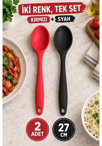 2'li Set Kırmızı Siyah Büyük Boy Silikon Kaşık 27 Cm Mutfak Yemek Pişirme Ve Servis Kaşığı 2 Adetlik