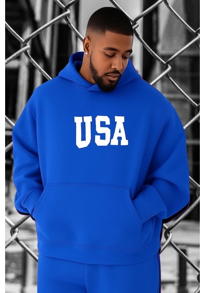 Benroma 3 İplik Penye Usa Baskılı Büyük Beden Sweatshırt Saks Mavisi