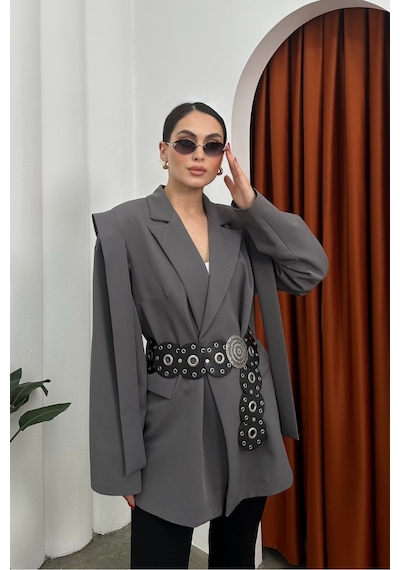 Kadın Oversize Blazer Ceket Kuşaklı Omuz Detaylı Gri