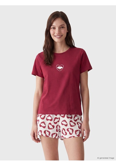 Lcw Young Ekru Bisiklet Yaka Baskılı Kadın Şortlu Pijama Takımı